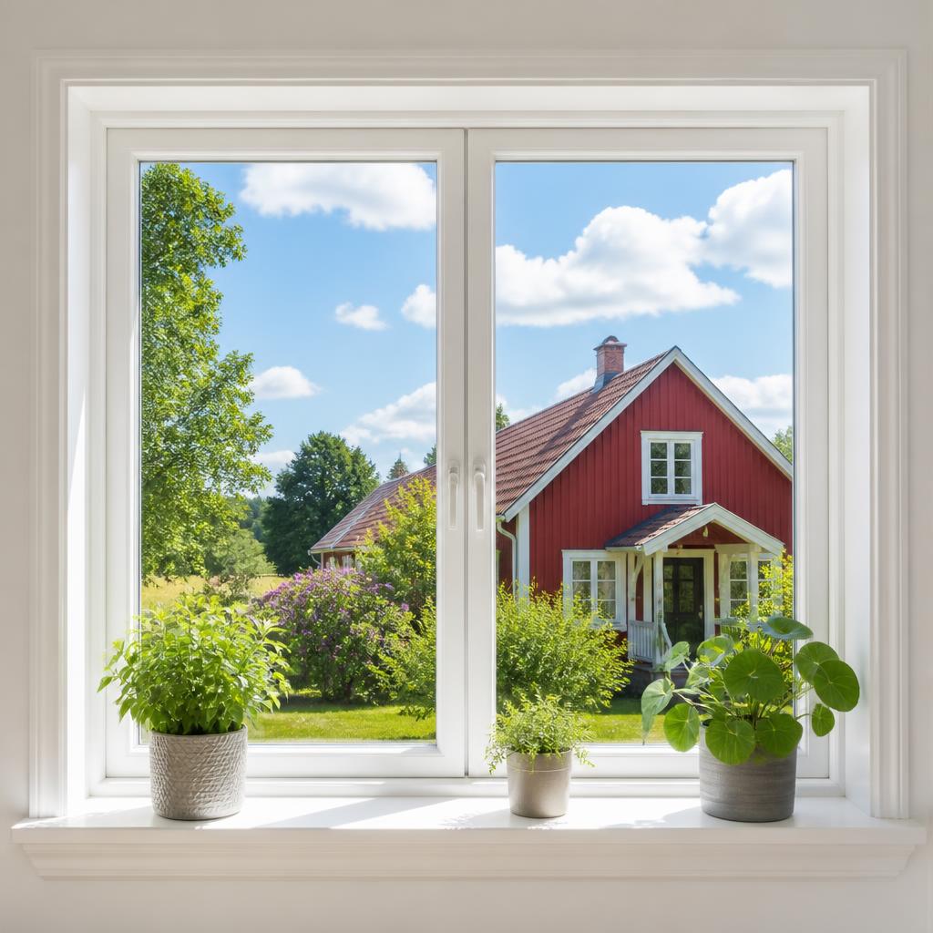 Kristallklart, strimfritt fönster med utsikt över en röd villa och grönskande trädgård — resultatet av professionell fönsterputs från Fräsch Pro i Stockholm